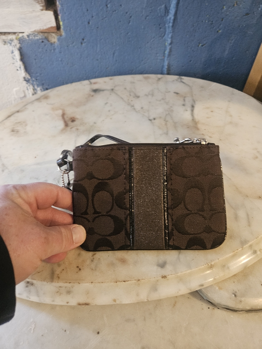 Coach Signature Stripe Small Wristlet in Mahogany / Mahogany New With Tags